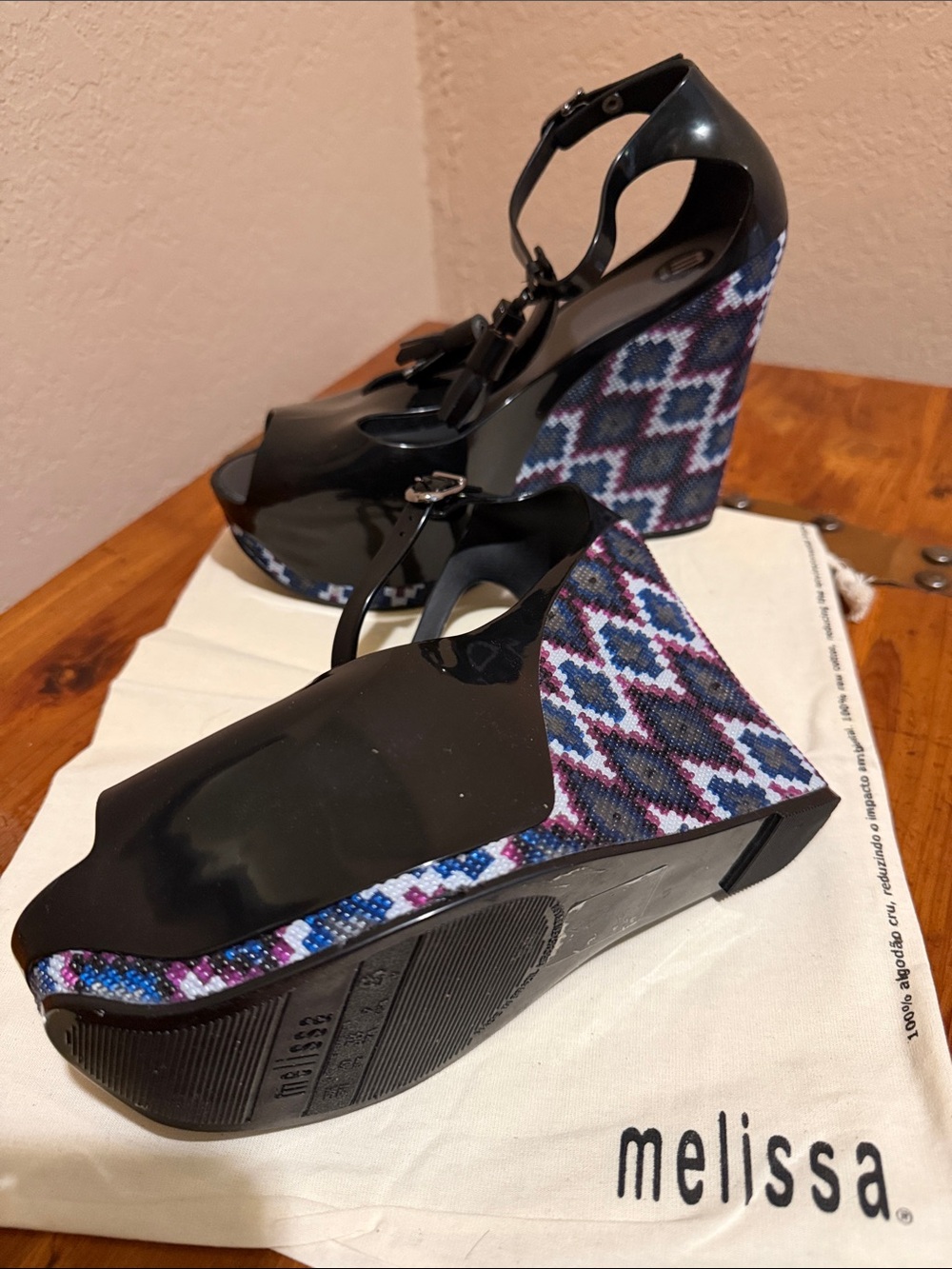 Melissa Black Patent Wedge Sandals with Multicolor Geometric Heel